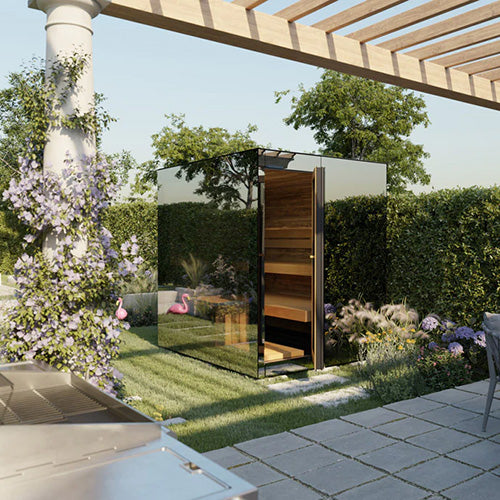 ThermaSol Vue Sauna Cabin | Outdoor Sauna, Left Door, Mirror+ Glazed Glass with Virta 9kW Heater & CX45 Digital Control