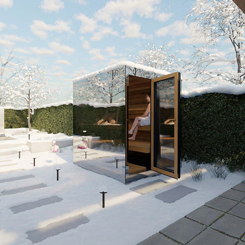 ThermaSol Vue Sauna Cabin | Outdoor Sauna, Left Door, Mirror+ Glazed Glass with Virta 9kW Heater & CX45 Digital Control