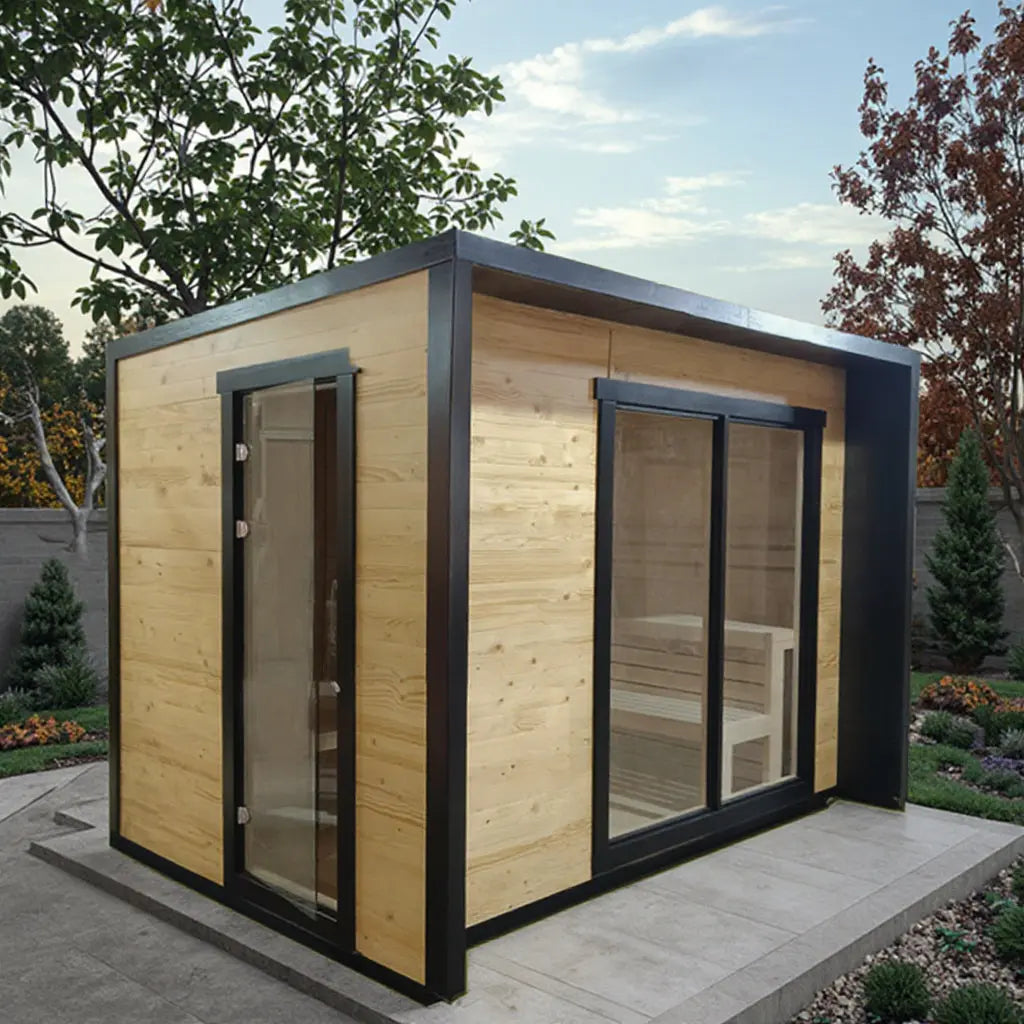 6-Person Square Luxury Outdoor Sauna with Private Changing Room β Premium Backyard Wellness
