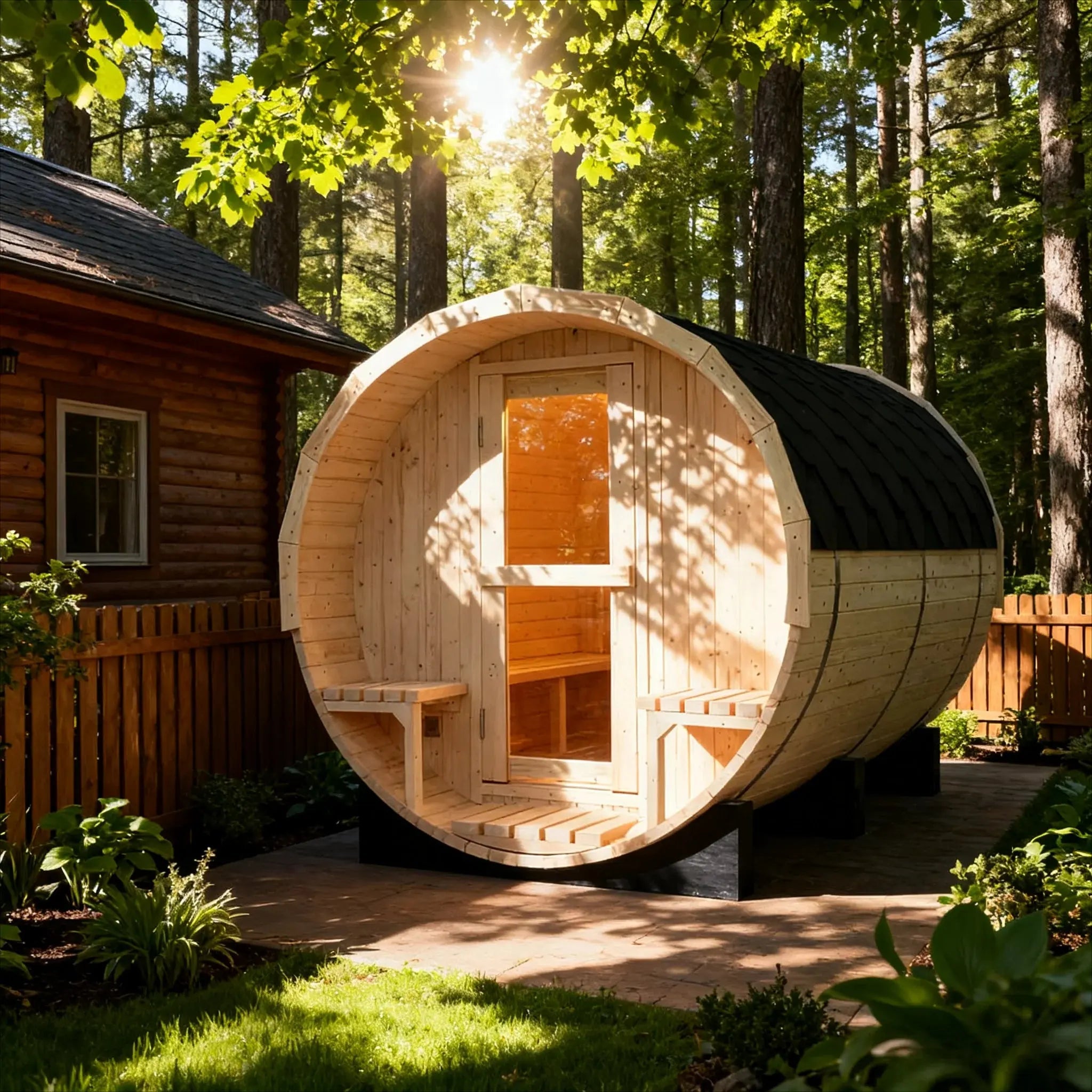4-6 Person Outdoor Barrel Sauna - Premium White Pine Wood, All-Weather Design for Backyard Relaxation