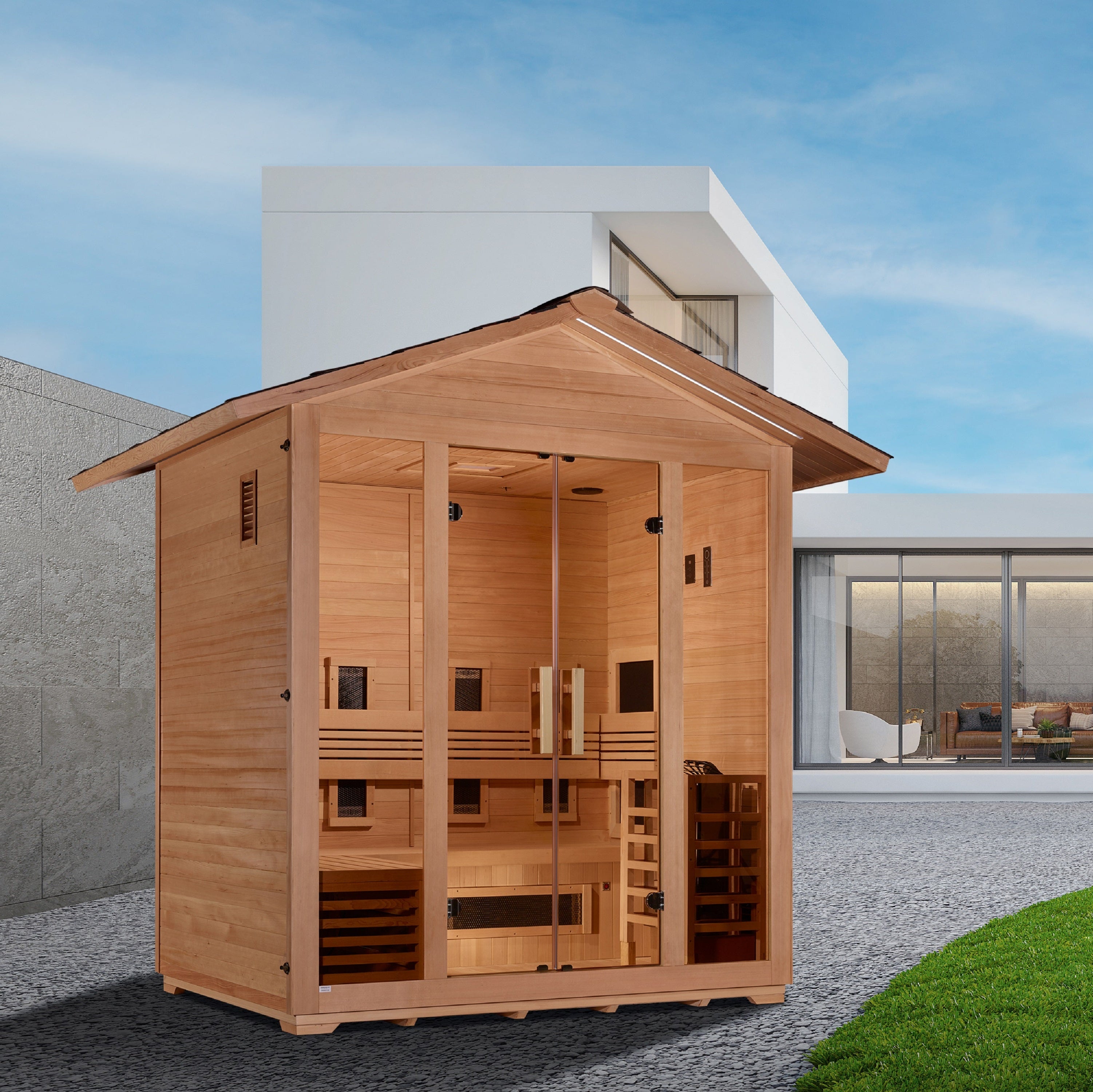 Golden Designs "Gargellen" 5-Person Hybrid (PureTech™ Full Spectrum IR or Traditional Stove) Outdoor Sauna (GDI-8125-01)