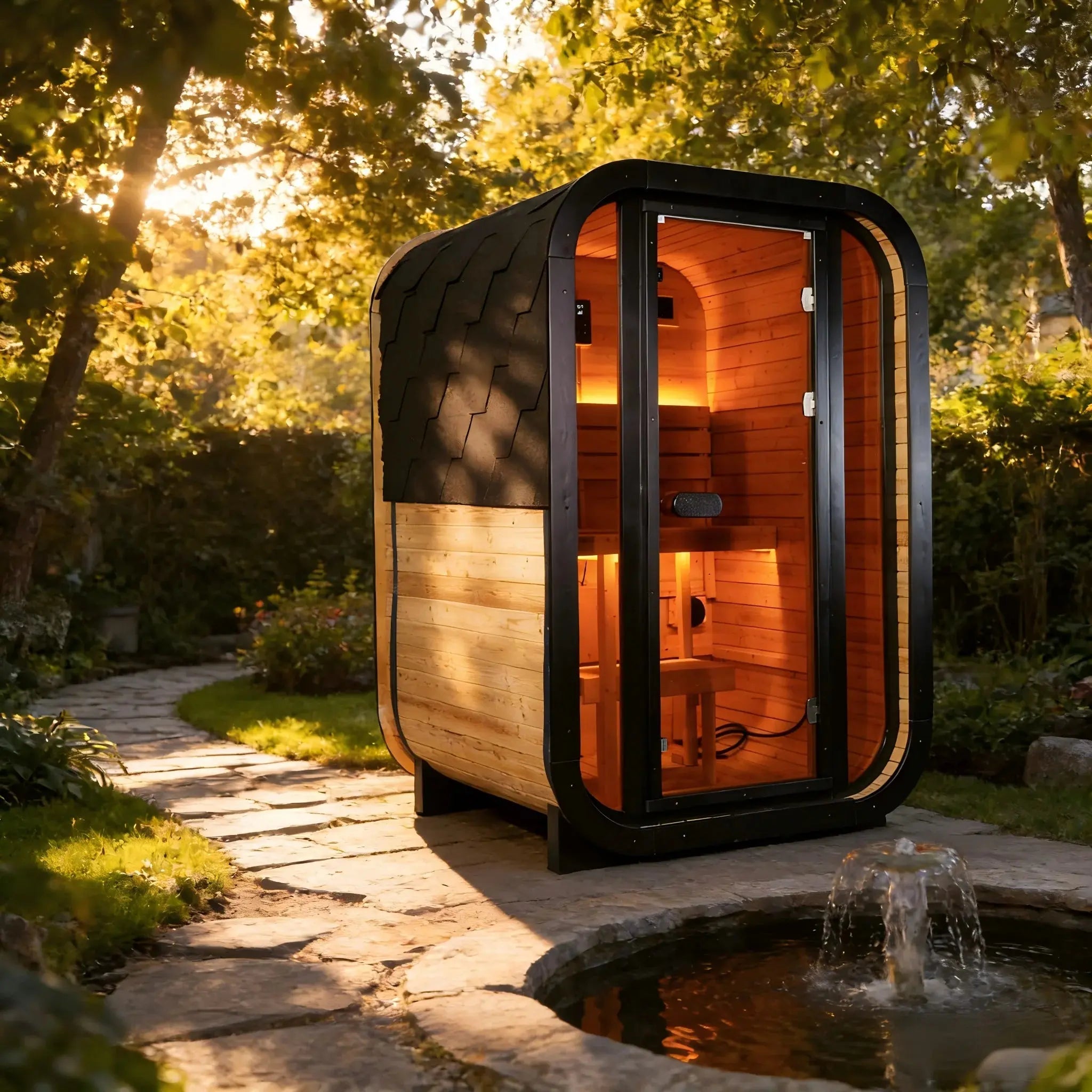 Outdoor Traditional Steam Sauna - Carbonized Spruce Wood, Tinted Glass, 6KW Heater
