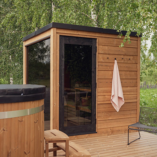ThermaSol Nordic Dawn Sauna Cabin | Outdoor Sauna, Right Door, 9.0kw Spirit Heater w/WiFi, CX45 Digital Control