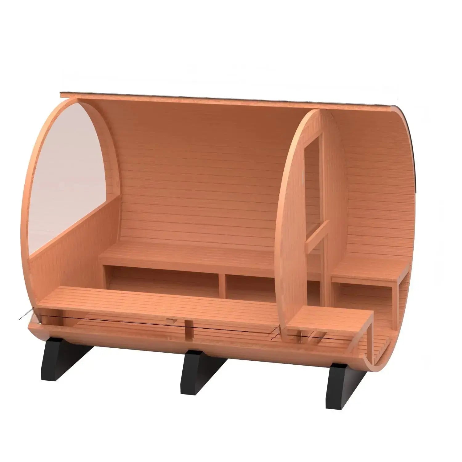 6-Person Outdoor Barrel Sauna with Front Porch – Patchwork Red Cedar Traditional Steam Kit