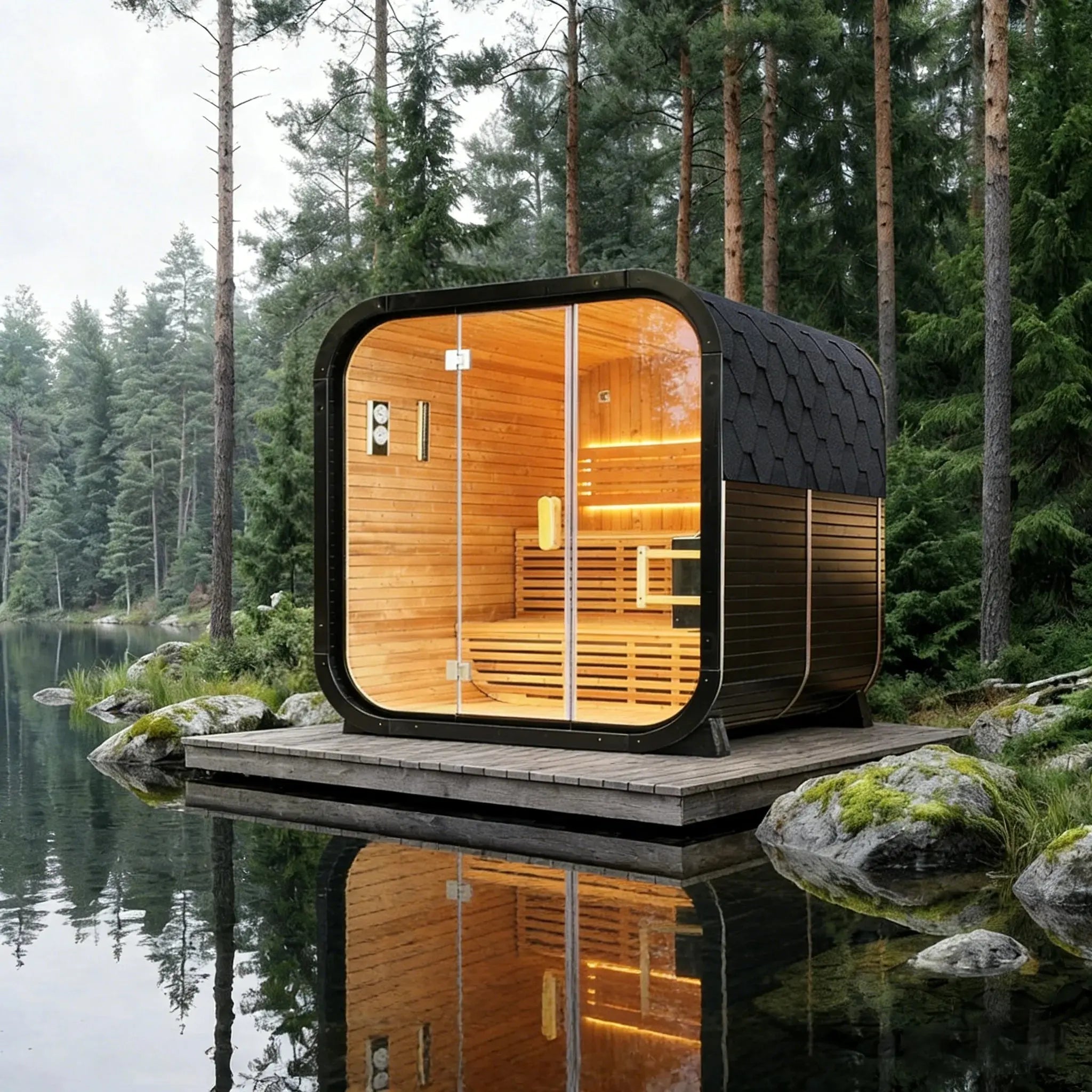 Outdoor Traditional Square Steam Sauna, Carbonized Spruce Wood Sauna Room, Home Spa Sauna Kit with Tempered Glass Door