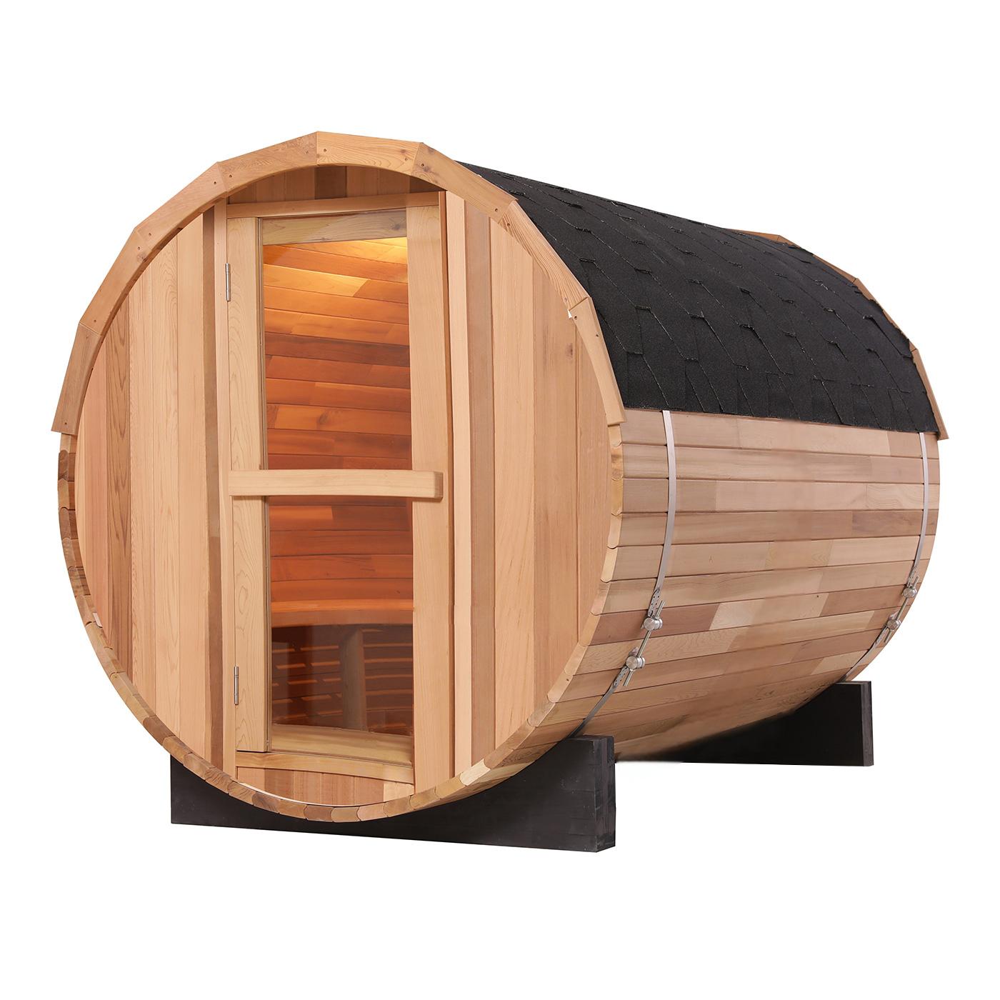 4 Person Outdoor Barrel Sauna – Red Cedar or Hemlock Traditional Steam Sauna Kit with Waterproof Tile