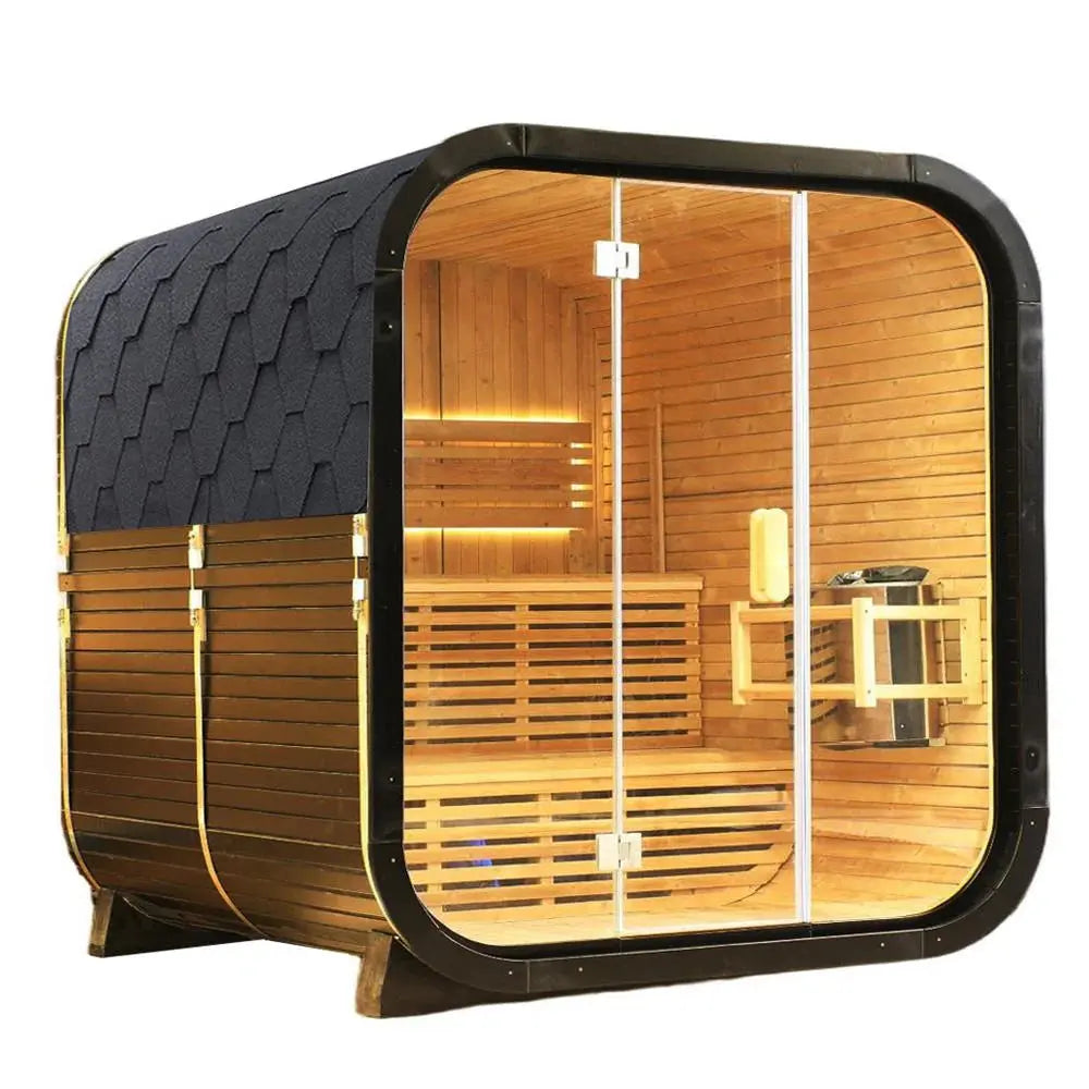 Outdoor Traditional Square Steam Sauna, Carbonized Spruce Wood Sauna Room, Home Spa Sauna Kit with Tempered Glass Door