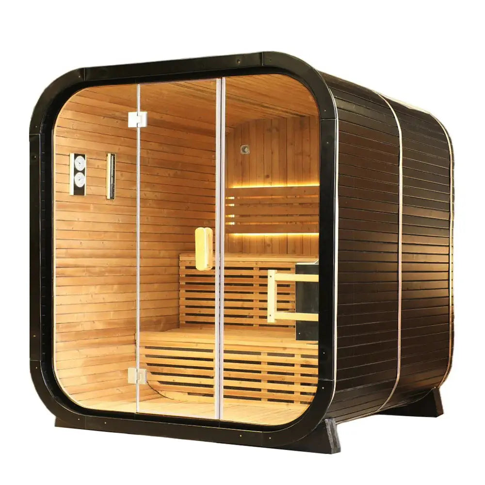 Outdoor Traditional Square Steam Sauna, Carbonized Spruce Wood Sauna Room, Home Spa Sauna Kit with Tempered Glass Door