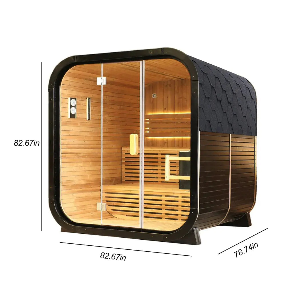 Outdoor Traditional Square Steam Sauna, Carbonized Spruce Wood Sauna Room, Home Spa Sauna Kit with Tempered Glass Door