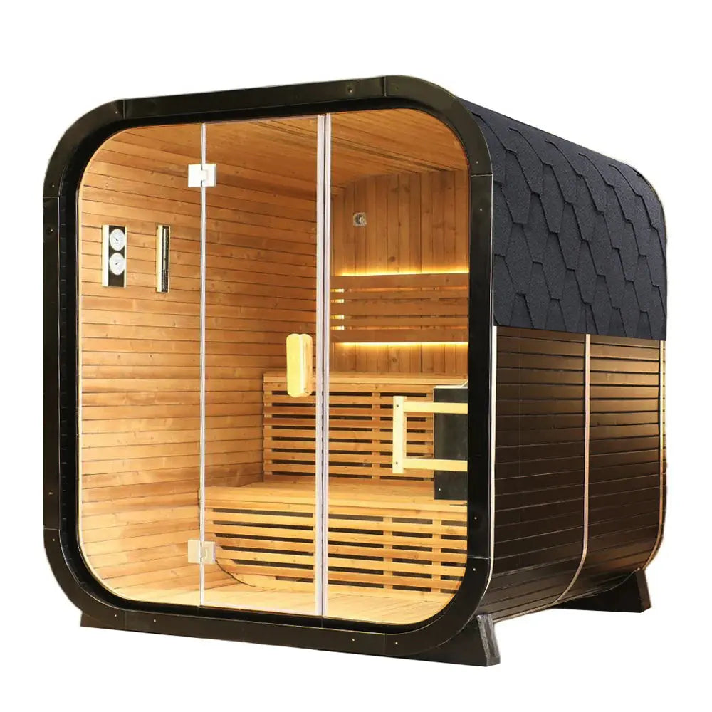 Outdoor Traditional Square Steam Sauna, Carbonized Spruce Wood Sauna Room, Home Spa Sauna Kit with Tempered Glass Door