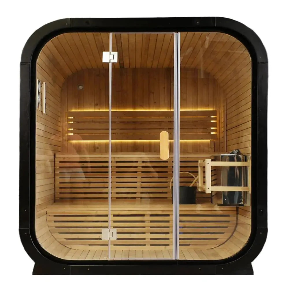 Outdoor Traditional Square Steam Sauna, Carbonized Spruce Wood Sauna Room, Home Spa Sauna Kit with Tempered Glass Door