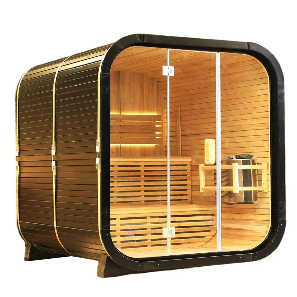 Outdoor Traditional Square Steam Sauna, Carbonized Spruce Wood Sauna Room, Home Spa Sauna Kit with Tempered Glass Door