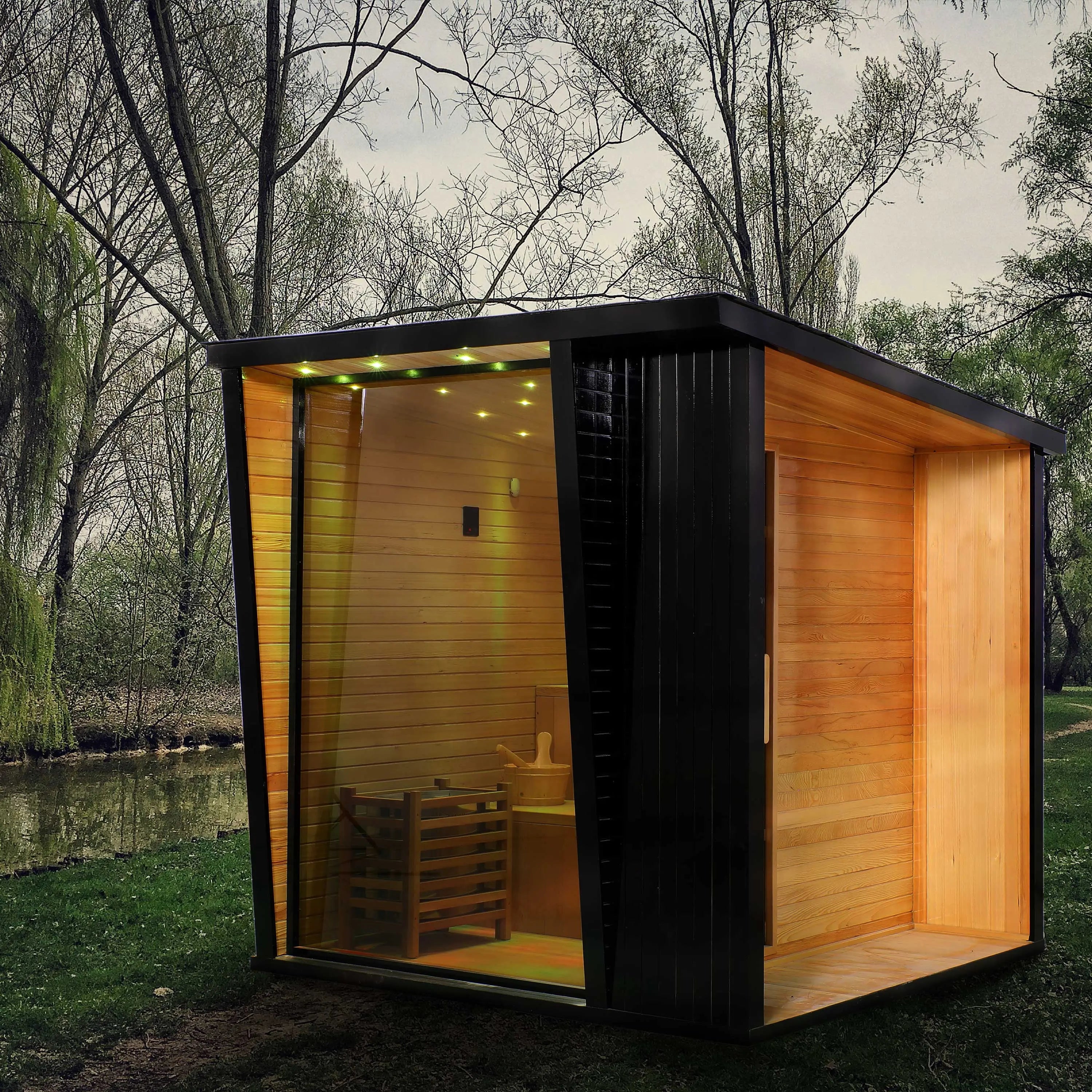 Outdoor Black Square Sauna – Traditional Steam Sauna (2–8 Person Multiple Sizes), 6kW Heater, Outdoor Home Spa