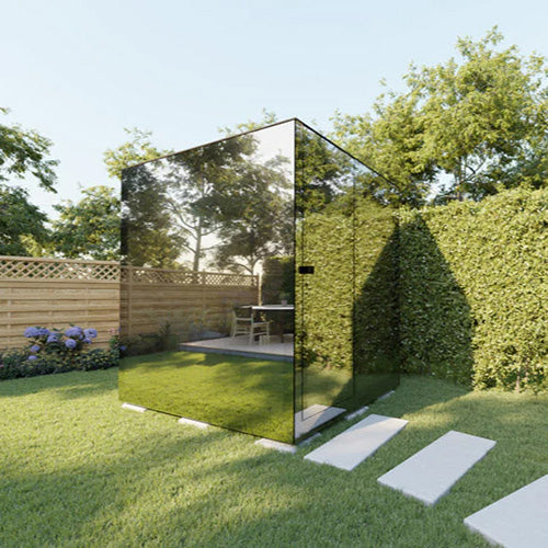 ThermaSol Vue Sauna Cabin | Outdoor Sauna, Left Door, Mirror+ Glazed Glass with Virta 9kW Heater & CX45 Digital Control