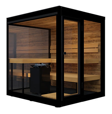 ThermaSol Vue Sauna Cabin | Outdoor Sauna, Left Door, Mirror+ Glazed Glass with Virta 9kW Heater & CX45 Digital Control