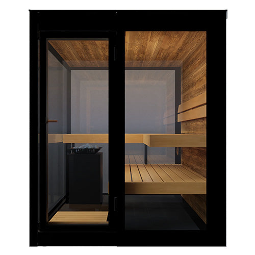 ThermaSol Vue Sauna Cabin | Outdoor Sauna, Left Door, Mirror+ Glazed Glass with Virta 9kW Heater & CX45 Digital Control