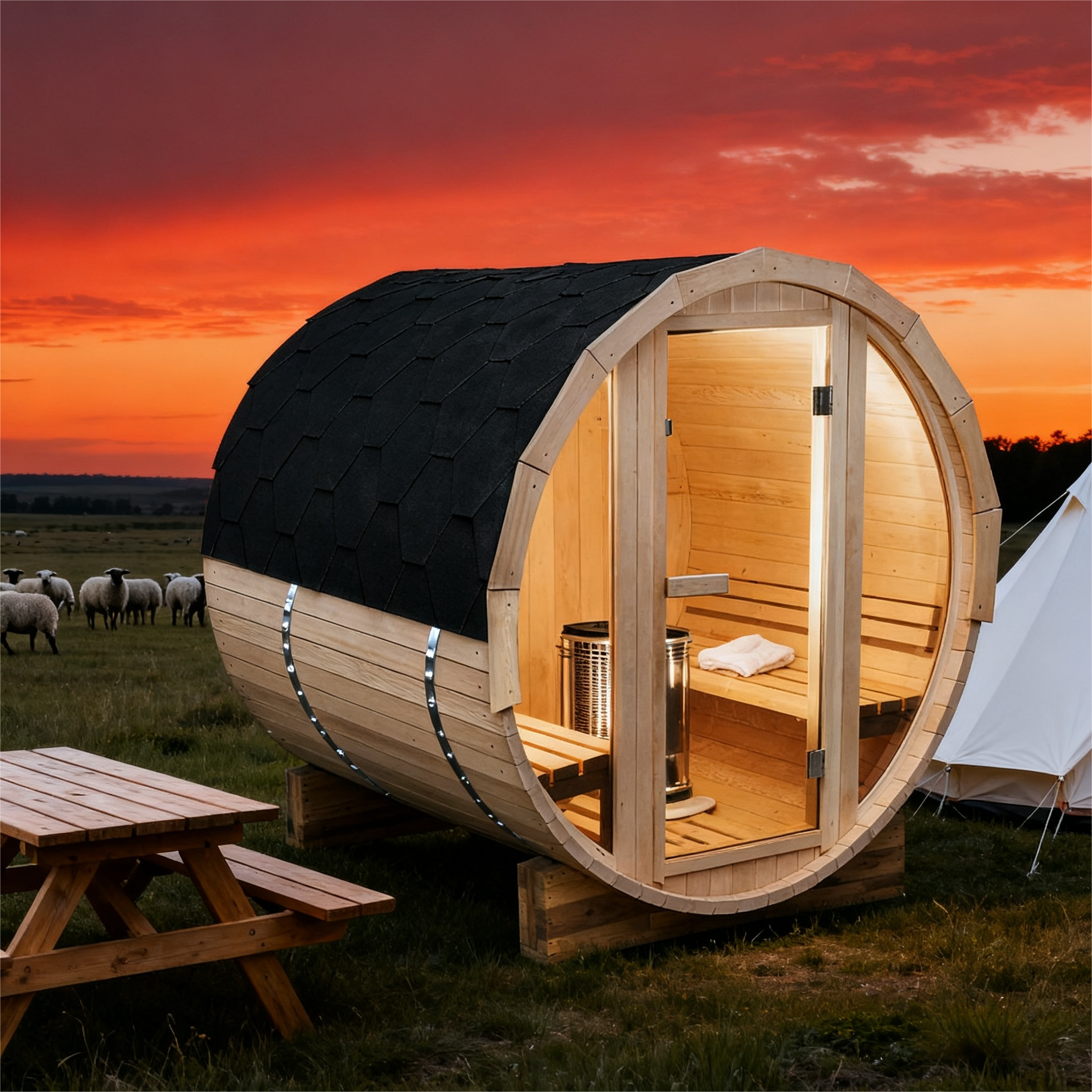 4.9 Ft Outdoor Barrel Sauna – 2-Person Traditional Steam Sauna Kit