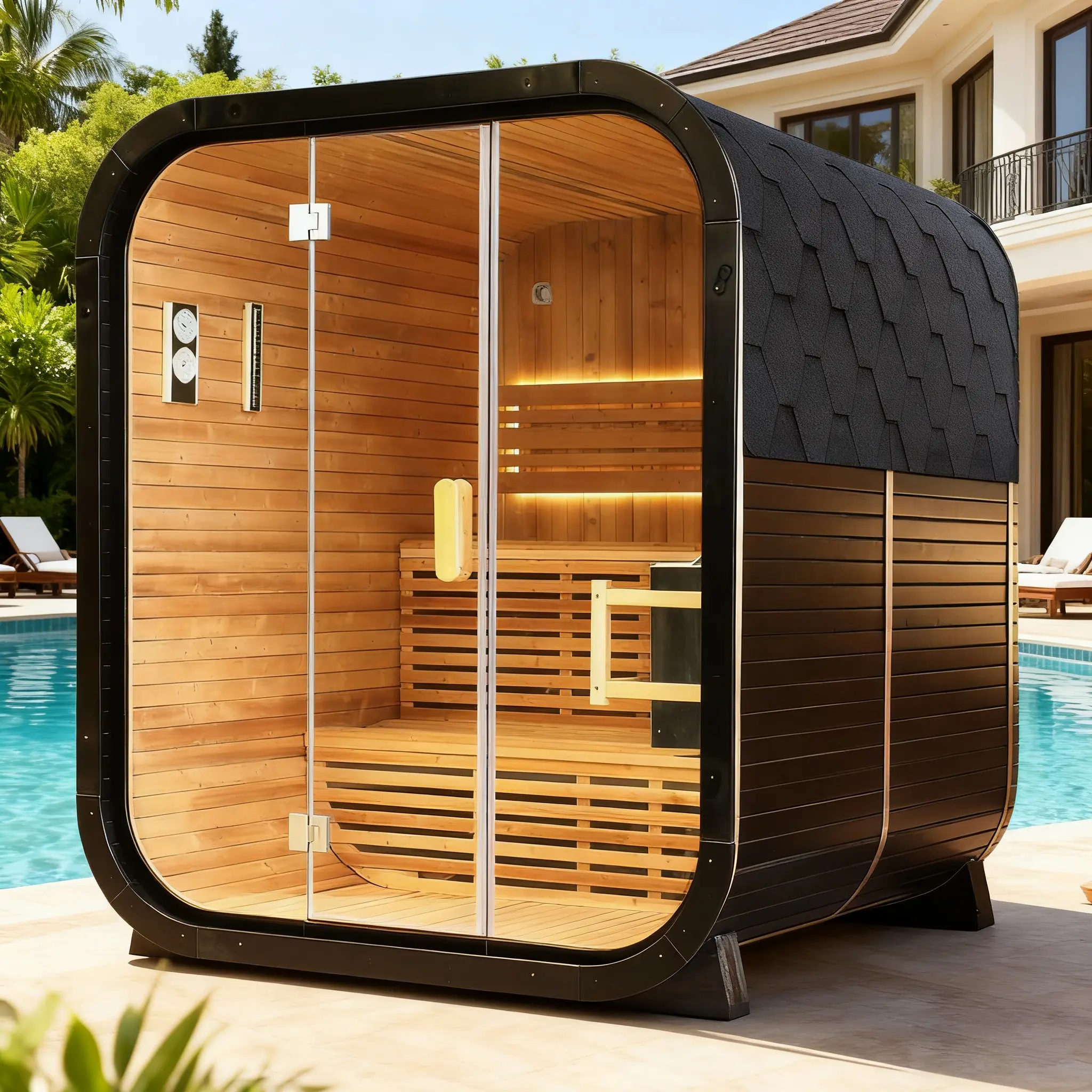 Outdoor Spruce Traditional Steam Sauna, Square Sauna Room with Tempered Glass Door, Home Spa Sauna Kit for Outdoor Wellness & Relaxation