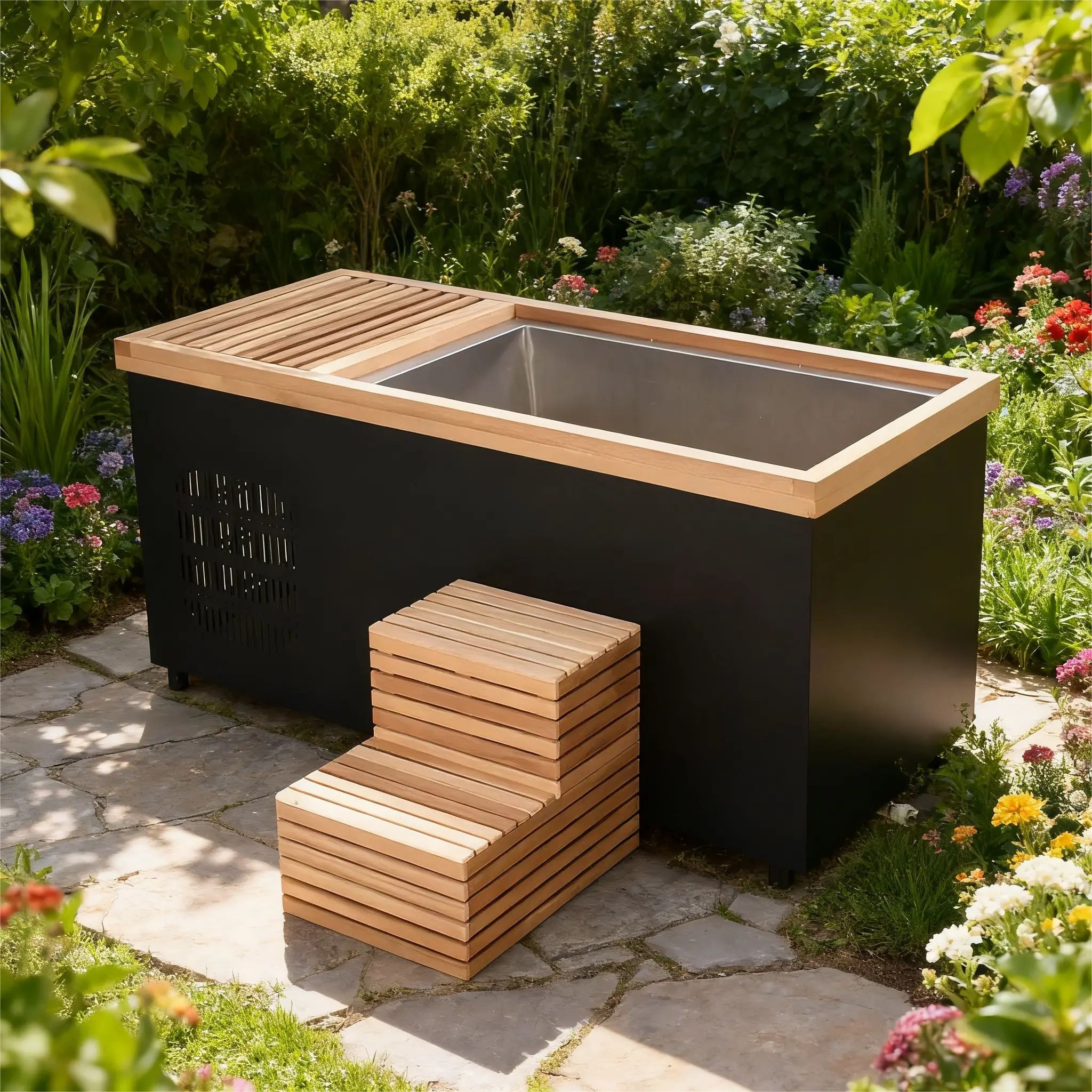 ICE TUB – Single-Person Rectangular Cold Plunge for Recovery & Wellness, Red Cedar Ice Bath with Chiller & Stairs