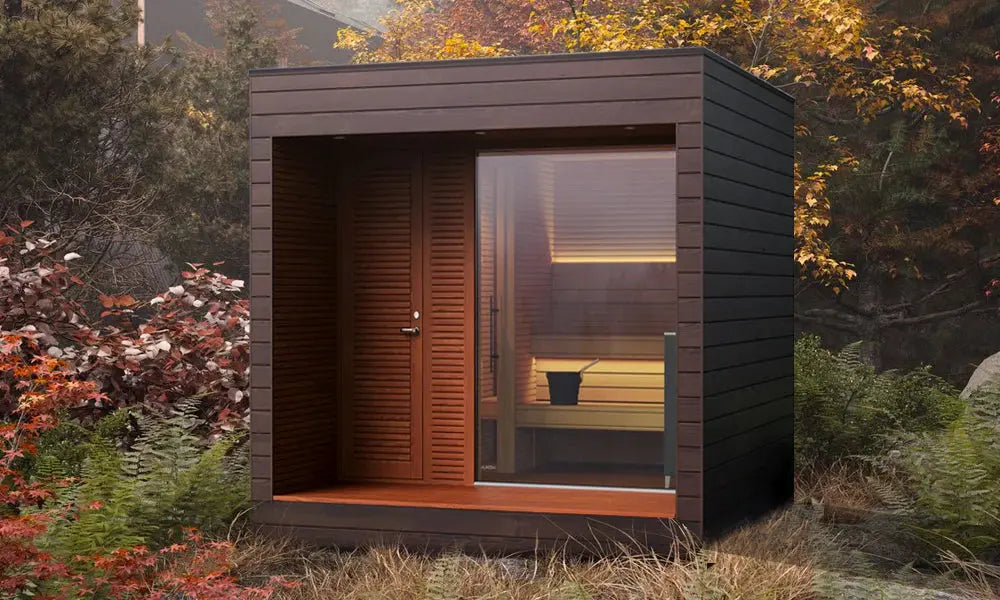 Luxury Outdoor Modular Sauna with Thermo-Aspen Interior, Nordic Spruce Exterior & Terrace