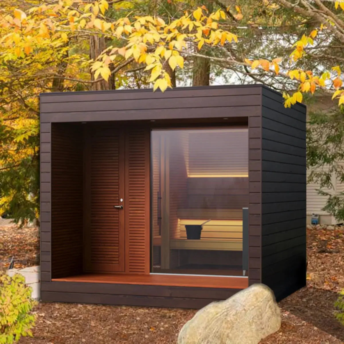 Luxury Outdoor Modular Sauna with Thermo-Aspen Interior, Nordic Spruce Exterior & Terrace