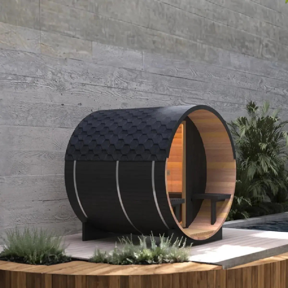 Black Luxury Outdoor Barrel Sauna for 2 to 6 Persons – Premium Cedar & Hemlock Sauna with Electric Heater