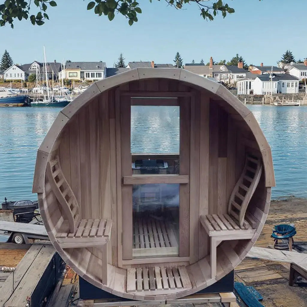4 Person Outdoor Hemlock Barrel Sauna with Half-glass Viewing Window