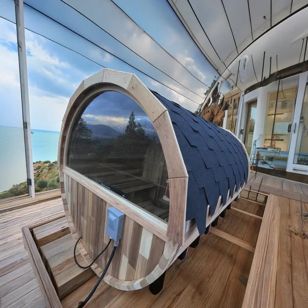 4 Person Outdoor Hemlock Barrel Sauna with Half-glass Viewing Window