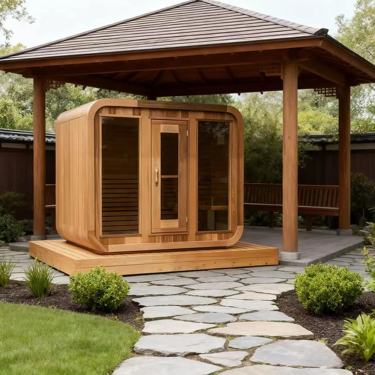 Outdoor Square Red Cedar Sauna – 4-6 Person Traditional Steam Sauna with Electric or Wood-Burning Heater
