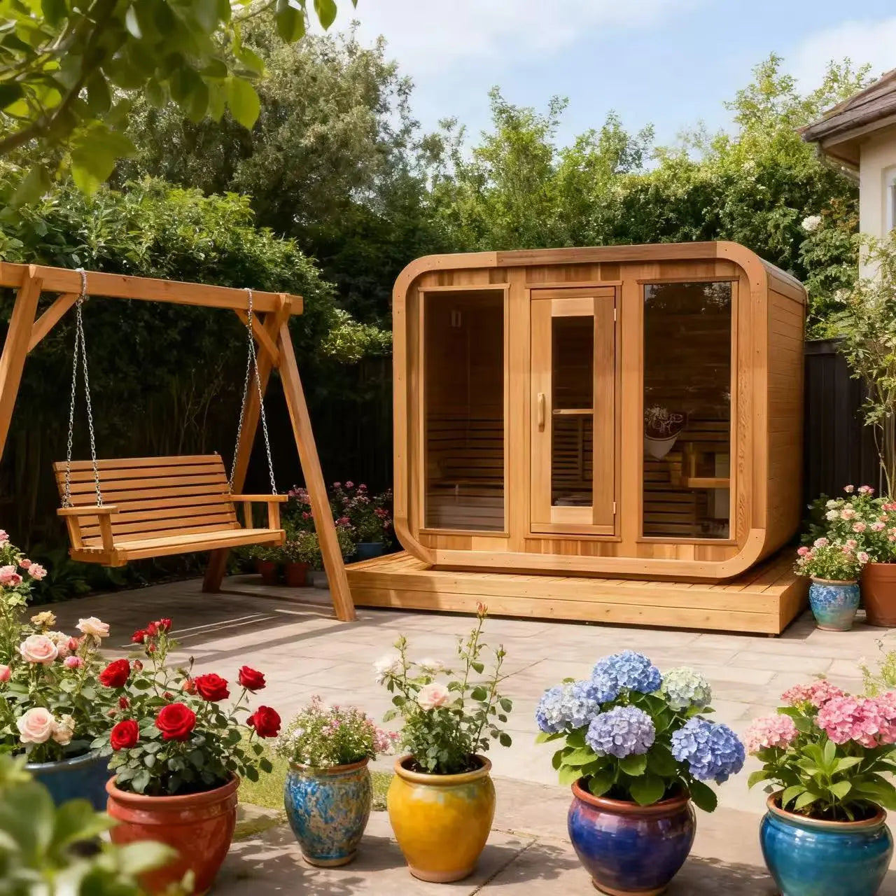 Outdoor Square Red Cedar Sauna – 4-6 Person Traditional Steam Sauna with Electric or Wood-Burning Heater