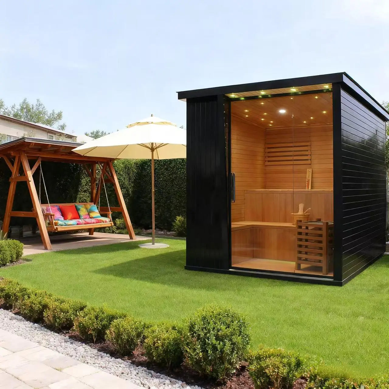 Outdoor Black Square Sauna – Traditional Steam Sauna (2–8 Person Multiple Sizes), 6kW Heater, Outdoor Home Spa