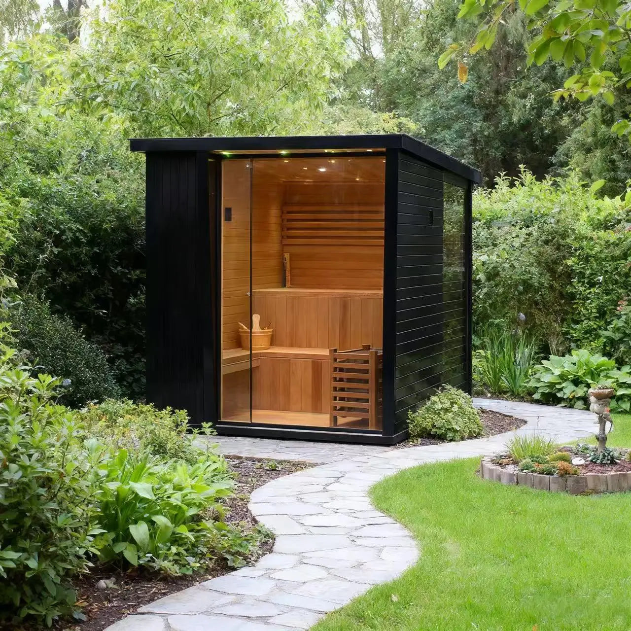 Outdoor Black Square Sauna – Traditional Steam Sauna (2–8 Person Multiple Sizes), 6kW Heater, Outdoor Home Spa