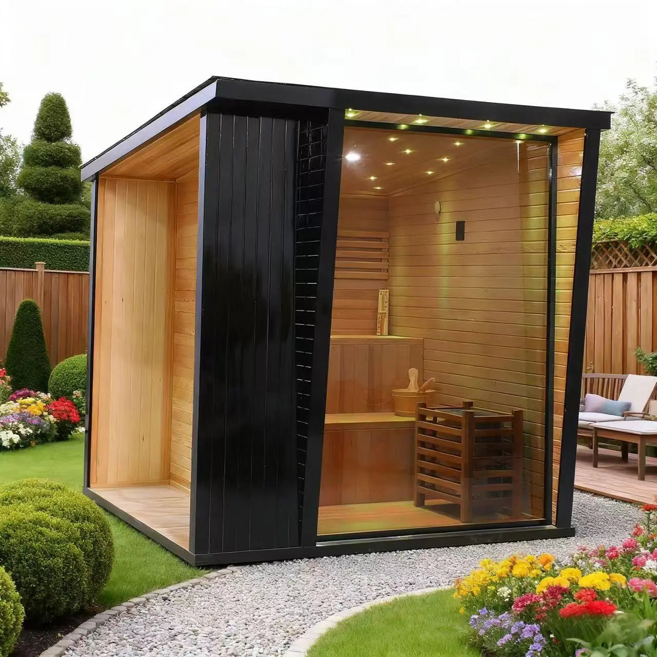Outdoor Black Square Sauna – Traditional Steam Sauna (2–8 Person Multiple Sizes), 6kW Heater, Outdoor Home Spa
