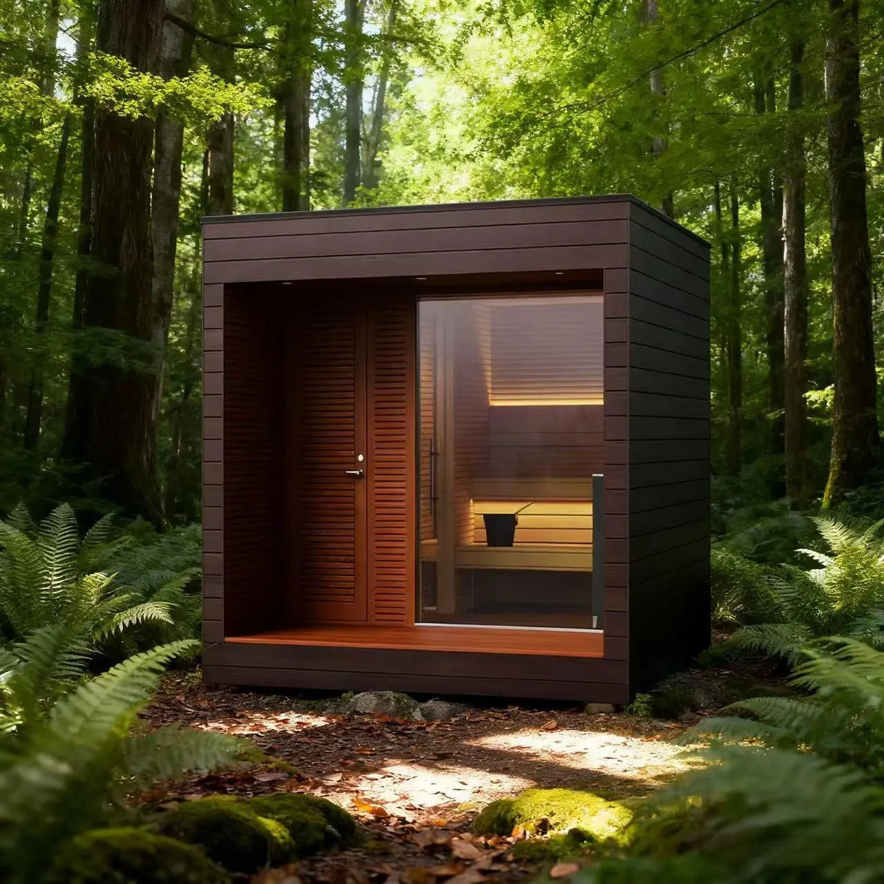 Luxury Outdoor Modular Sauna with Thermo-Aspen Interior, Nordic Spruce Exterior & Terrace