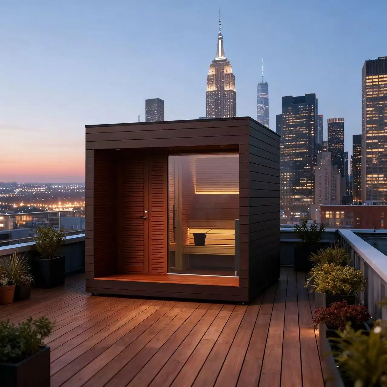 Luxury Outdoor Modular Sauna with Thermo-Aspen Interior, Nordic Spruce Exterior & Terrace