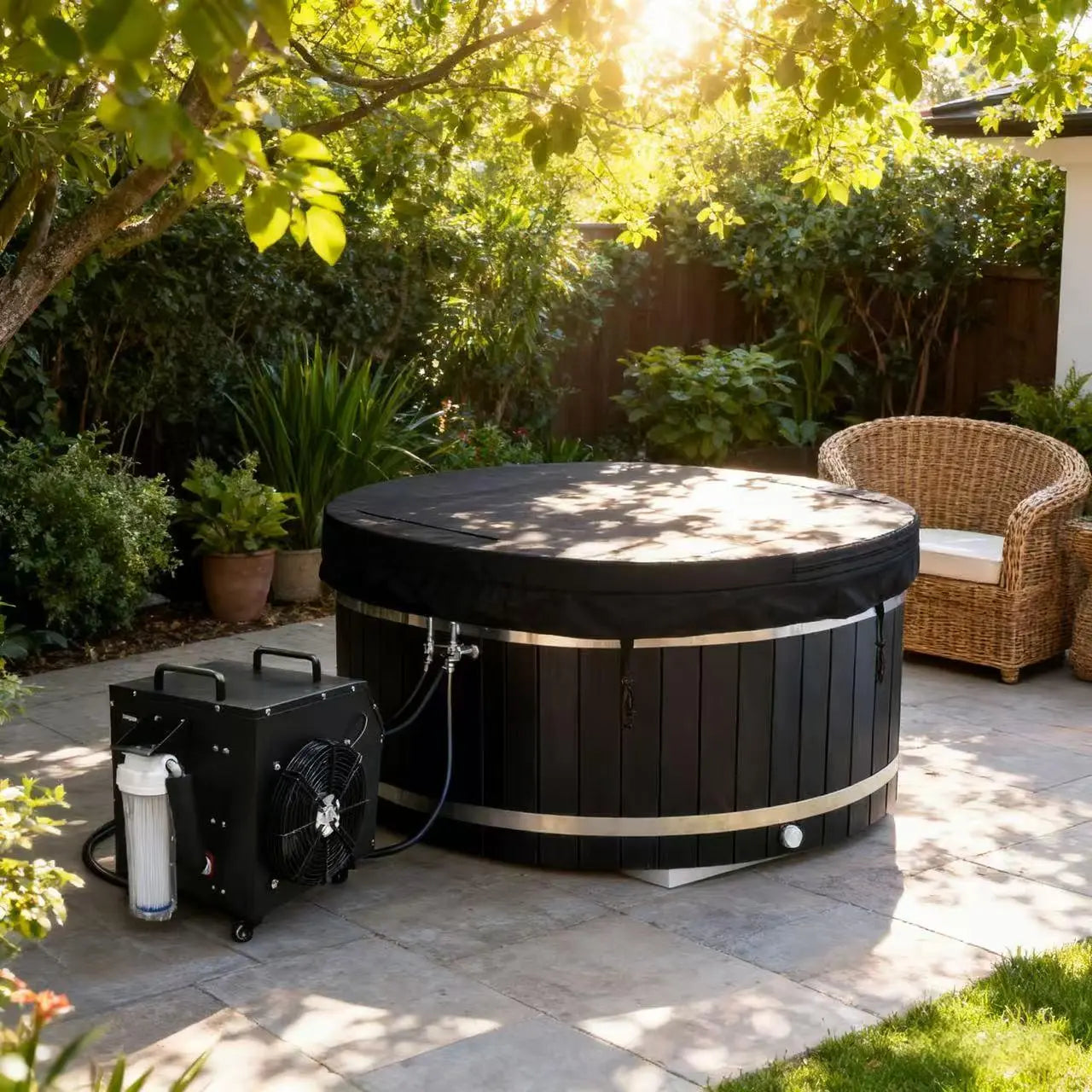 ICE TUB – Black Oval Red Cedar Cold Plunge Tub with Chiller for Recovery & Thermal Contrast Therapy