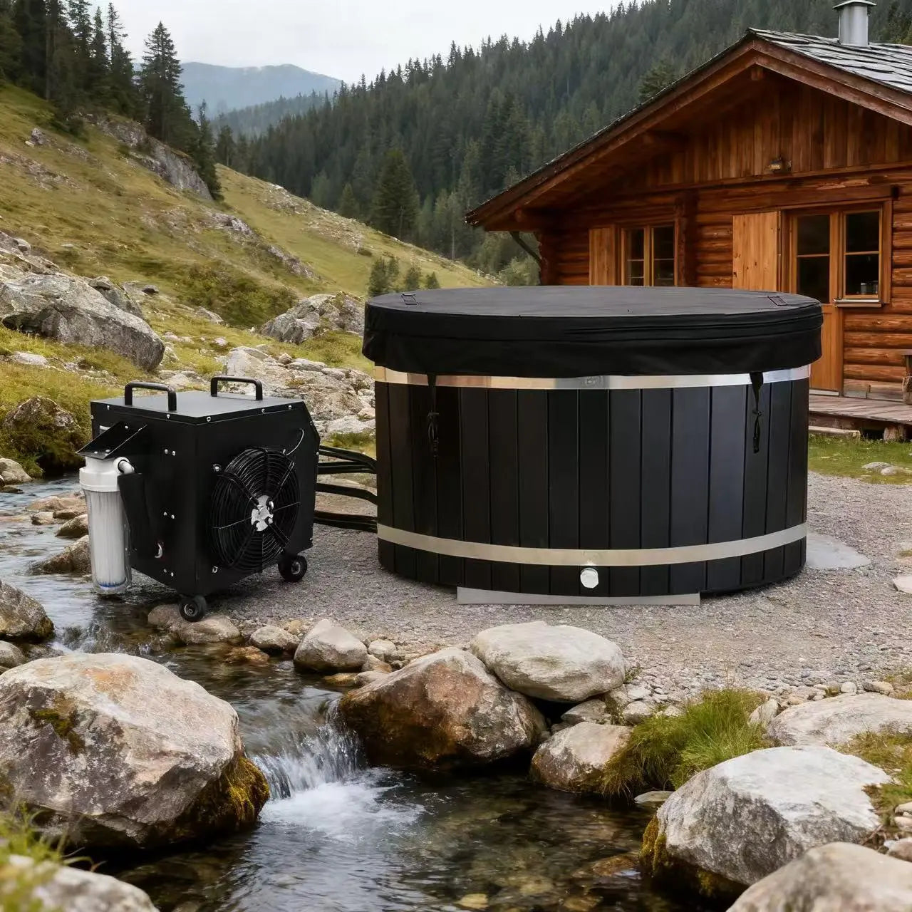 ICE TUB – Black Oval Red Cedar Cold Plunge Tub with Chiller for Recovery & Thermal Contrast Therapy