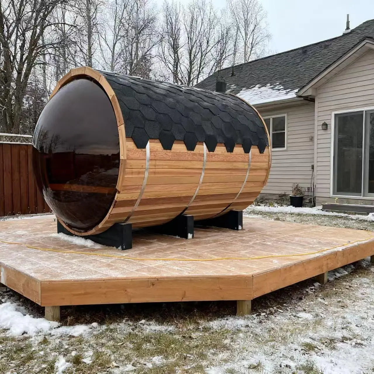 Outdoor Barrel Sauna with Front Porch &amp; Panoramic Glass – Available in 2-6 Person Sizes