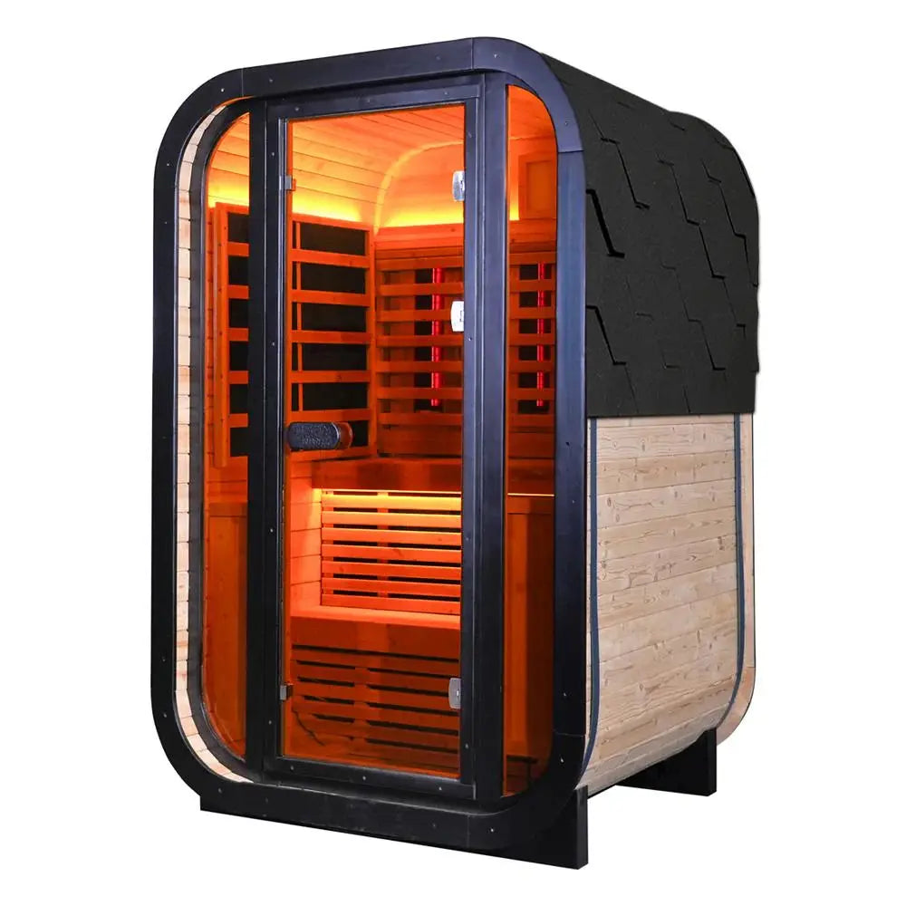 Outdoor Far Infrared Sauna – Carbonized Spruce Wood, Dark Tea-Tinted Glass