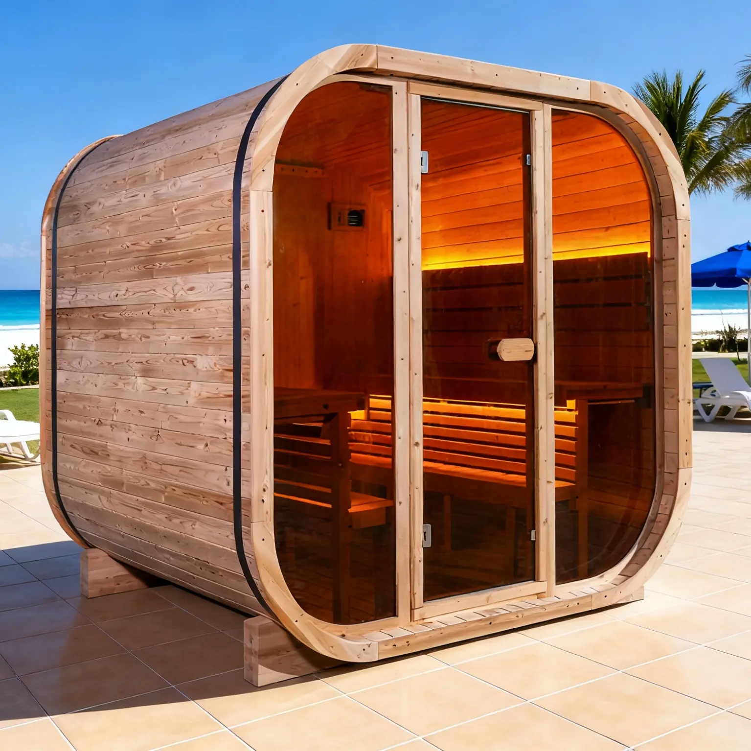 Anyi-7  Square Outdoor Sauna – Carbonized Spruce Wood | 3~4 Person Traditional Steam
