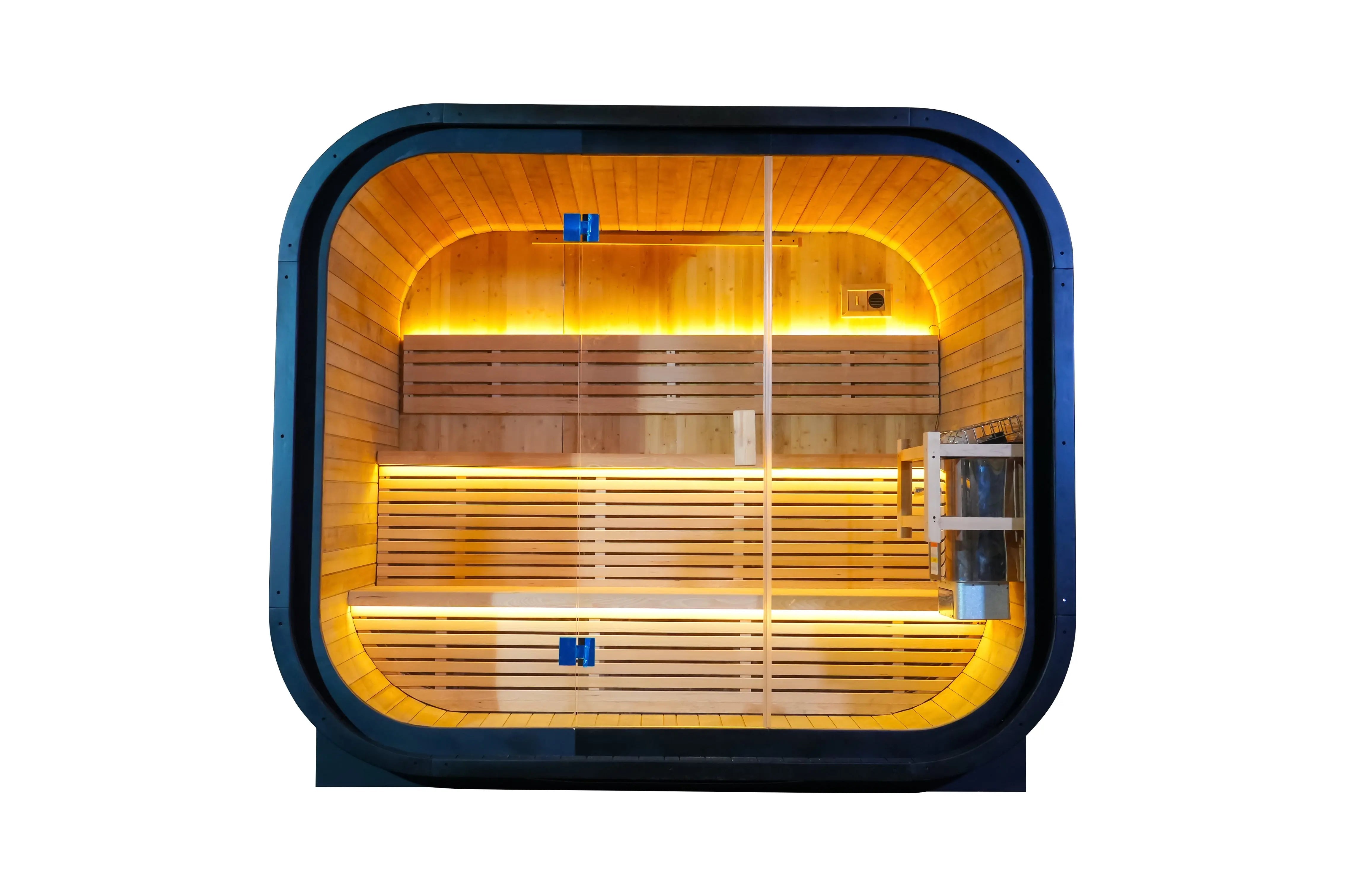 Outdoor Traditional Square Steam Sauna, Carbonized Spruce Wood Sauna Room with Weatherproof Asphalt Shingle Roof, Home Spa Sauna Kit with Tempered Glass Door & Sauna Accessories