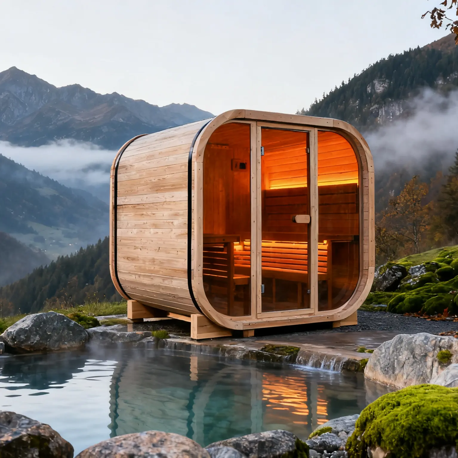 Anyi-7  Square Outdoor Sauna – Carbonized Spruce Wood | 3~4 Person Traditional Steam