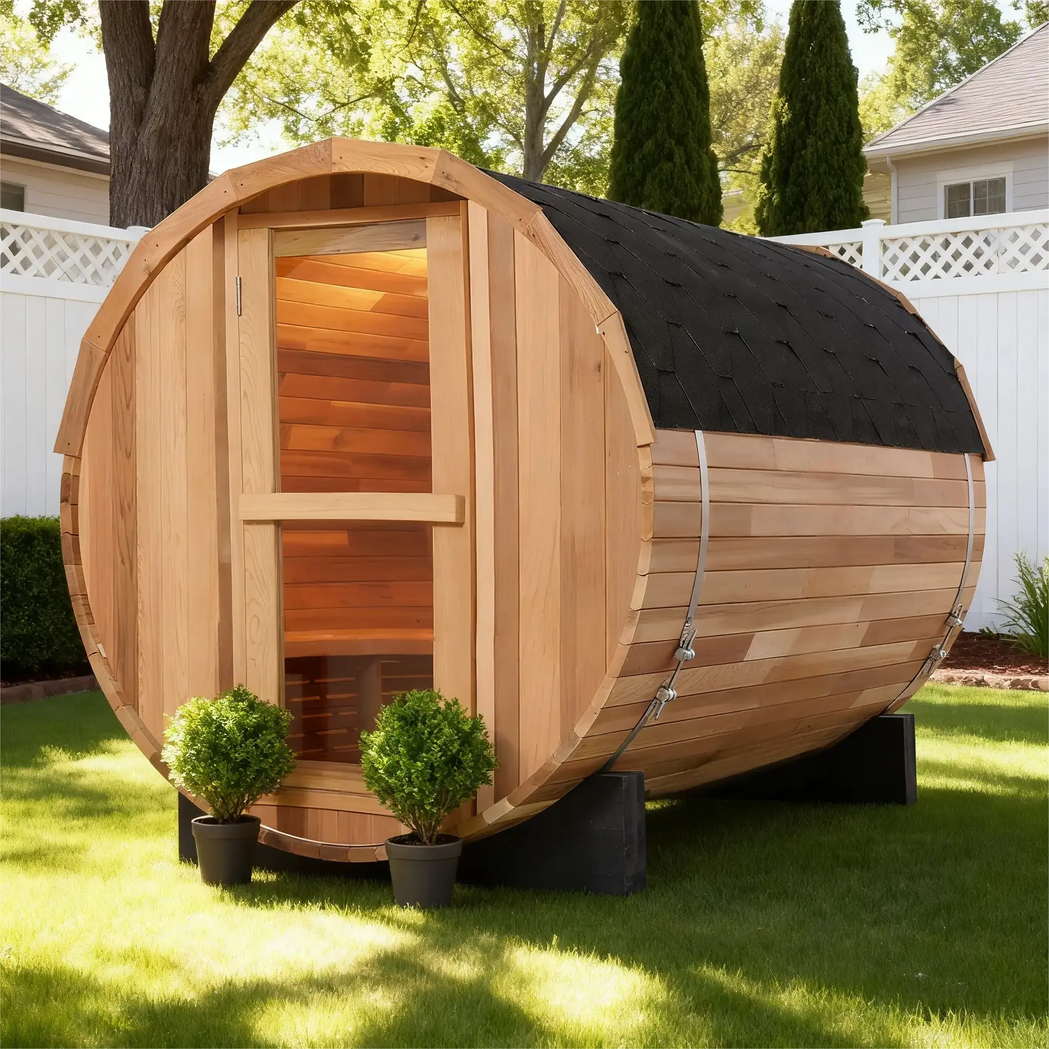 4 Person Outdoor Barrel Sauna – Red Cedar or Hemlock Traditional Steam Sauna Kit with Waterproof Tile