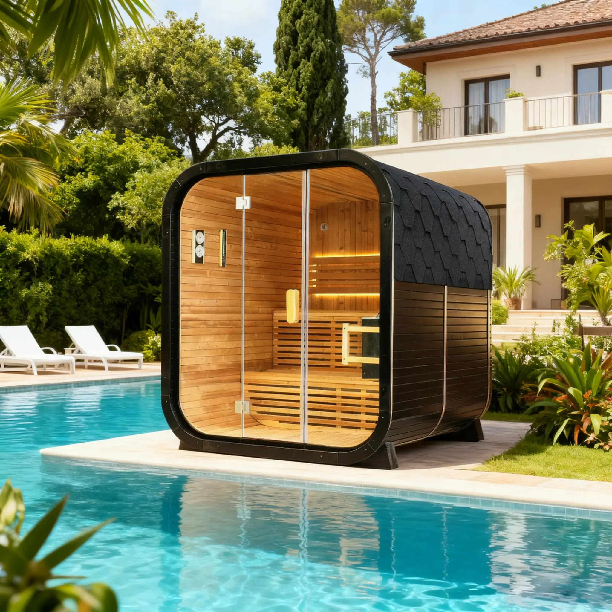 Outdoor Spruce Traditional Steam Sauna, Square Sauna Room with Tempered Glass Door, Home Spa Sauna Kit for Outdoor Wellness & Relaxation