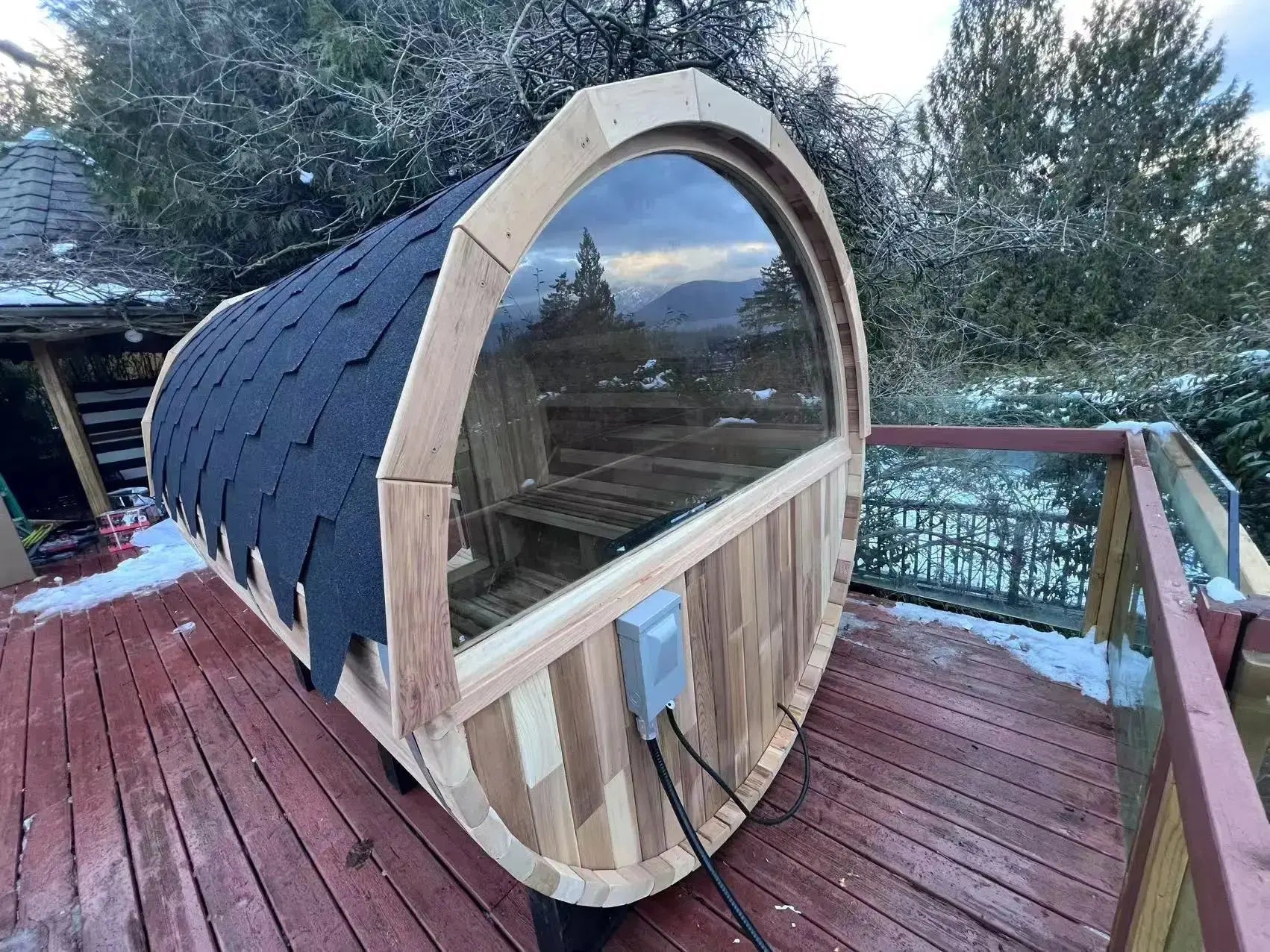 4 Person Outdoor Hemlock Barrel Sauna with Half-glass Viewing Window