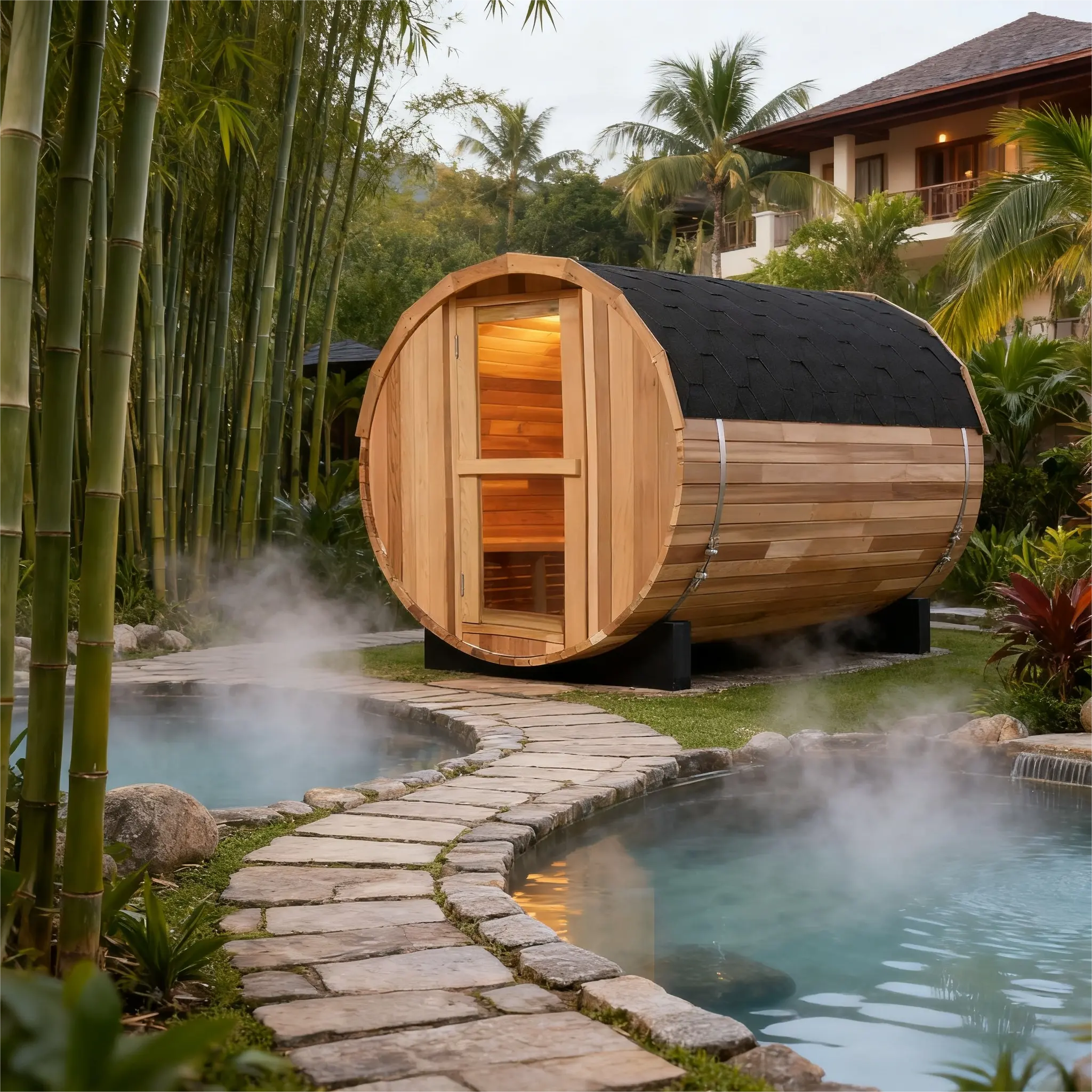 4 Person Outdoor Barrel Sauna – Red Cedar or Hemlock Traditional Steam Sauna Kit with Waterproof Tile