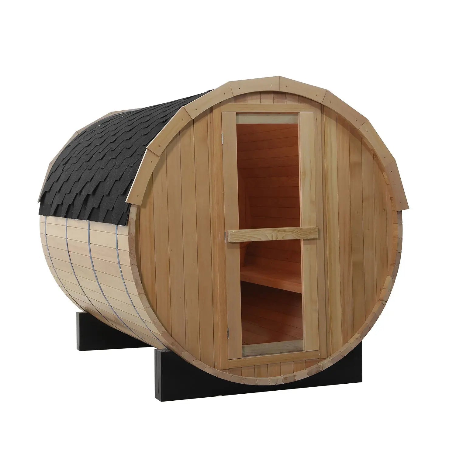 4 Person Outdoor Hemlock Barrel Sauna with Half-glass Viewing Window