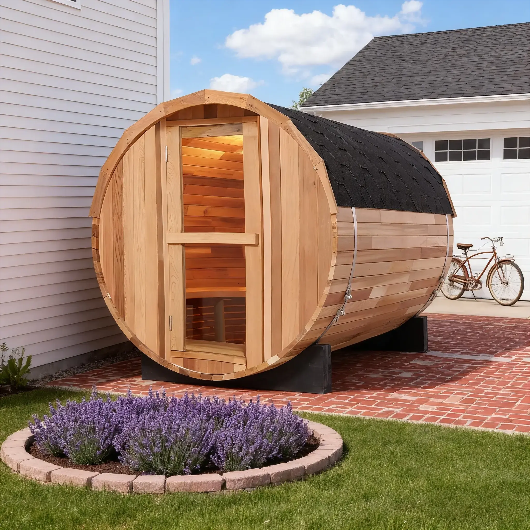 4 Person Outdoor Barrel Sauna – Red Cedar or Hemlock Traditional Steam Sauna Kit with Waterproof Tile