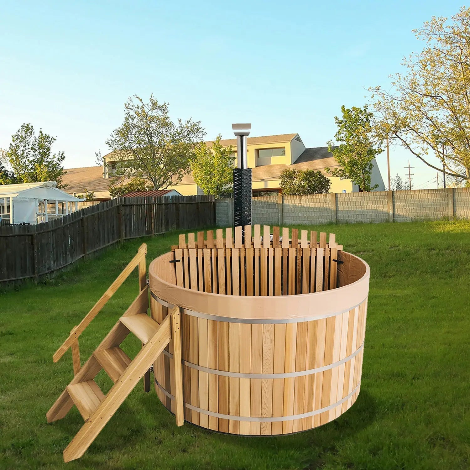 Built-In Oven Wood Fired Hot Tub – Red Cedar Outdoor Wooden Hot Tub for 1 Person