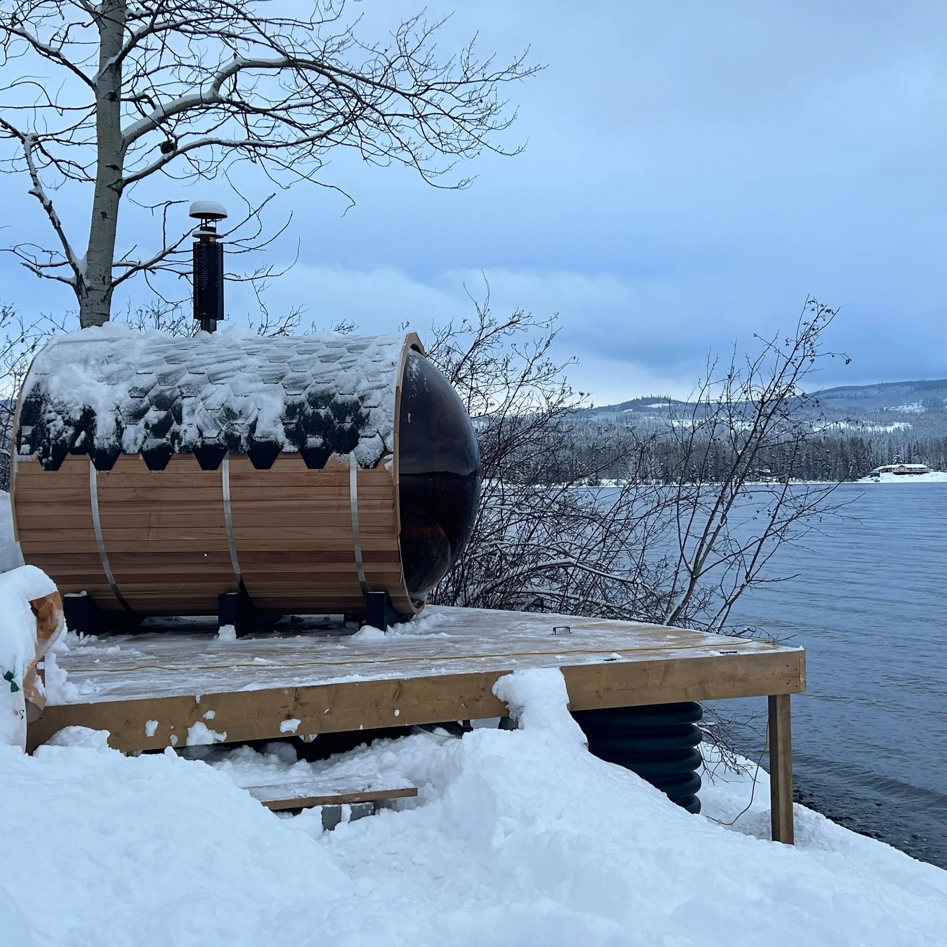 Outdoor Barrel Sauna with Front Porch &amp; Panoramic Glass – Available in 2-6 Person Sizes
